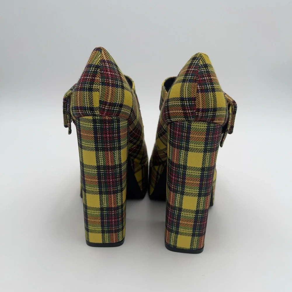 Bamboo Yellow Plaid Platform Mary Jane Heels Chunky Block Shoes Women's 5.5